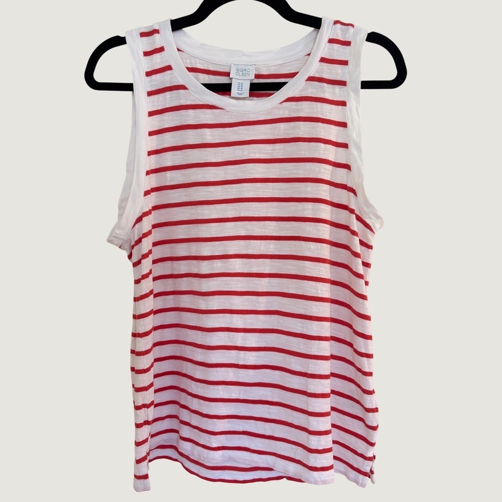 Sigrid Olsen Womens Red White Striped Cotton Slub Tank Top Size M RN 75343